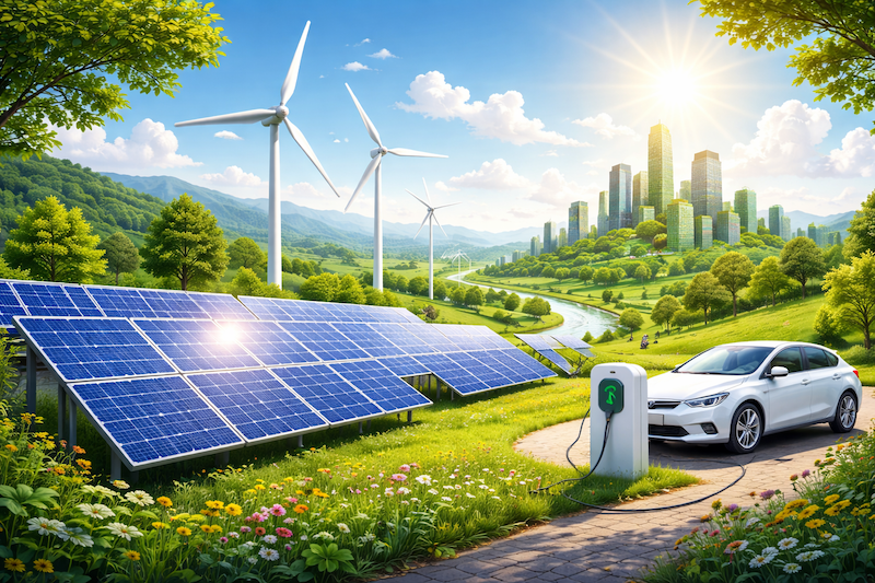 Sustainable development and renewable energy shaping the future – solpaneler, vindkraftverk och grön teknologi i harmoni med naturen under en ljus framtidshimmel.